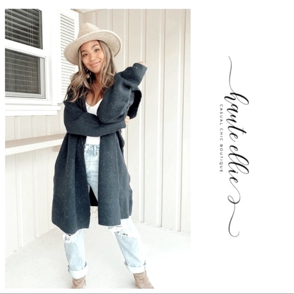 JULES-Speckled Navy Wide Lapel Hooded Coatigan - Picture 3 of 10